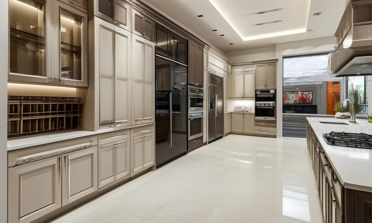Cover of a modern kitchen cabinet showroom with varied finishes