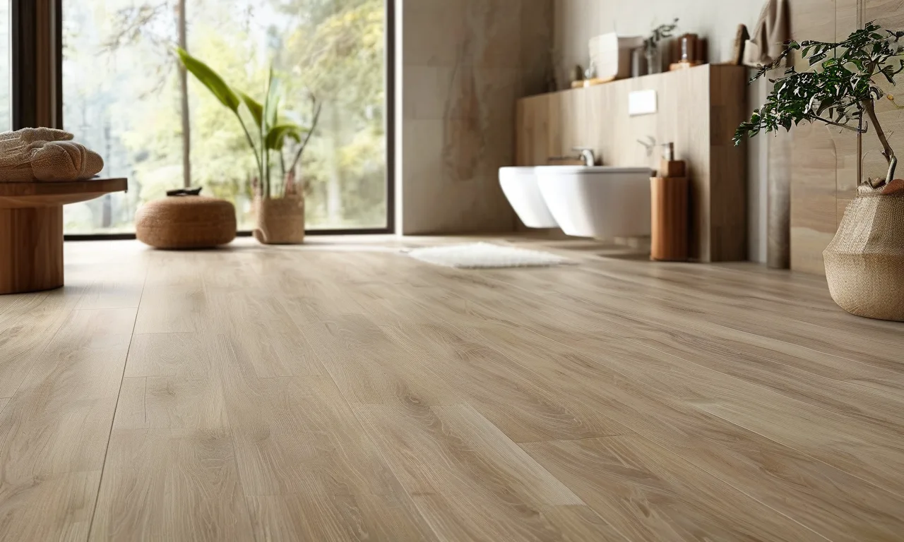 Close-up of wood-look luxury vinyl plank LVP waterproof bathroom flooring