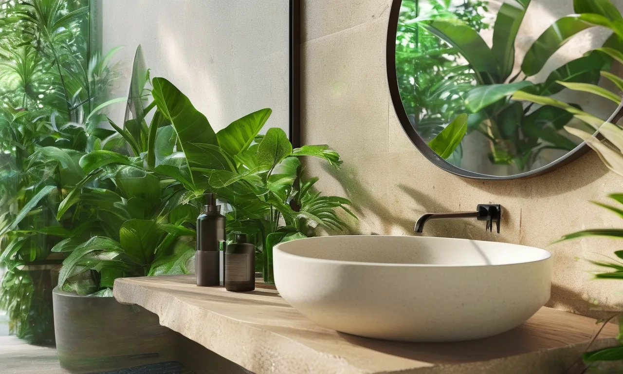 Cover photo of a modern sustainable bathroom with eco-friendly fixtures and natural plants